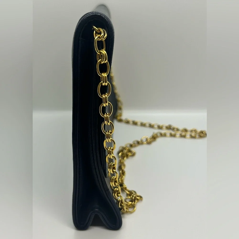 CHANEL Vintage Coco Mark Chain Navy Blue Lambskin Gold Chain Bag